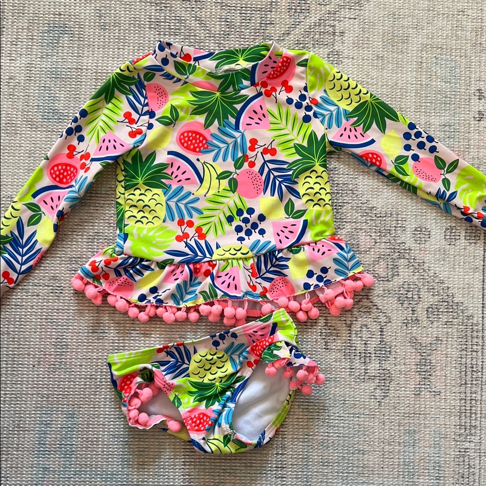 Nicole Miller Kids Swim Rashguard Set - Pink and Green Tropical Print